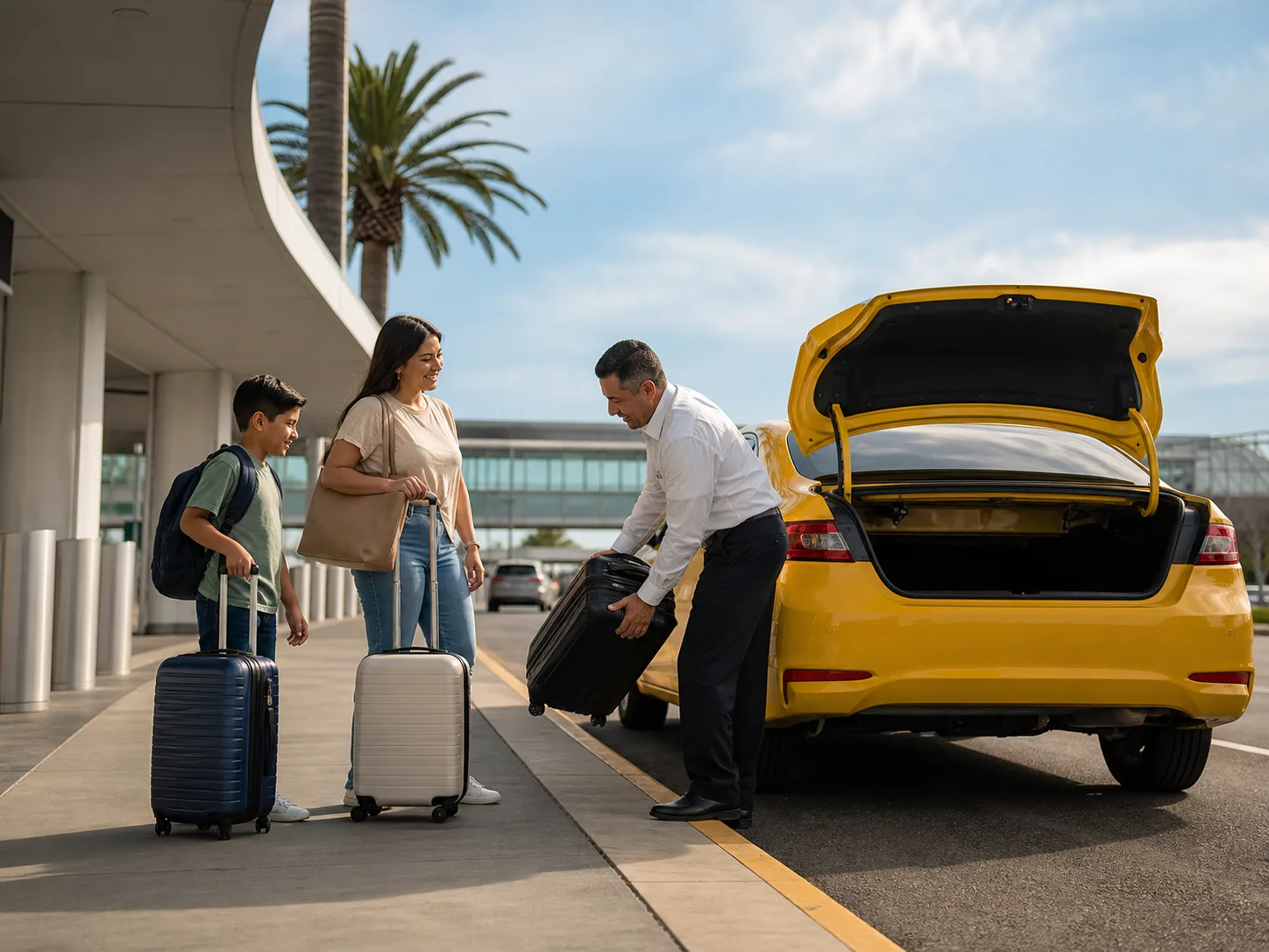 Family with luggage receives help from a driver at an airport.
