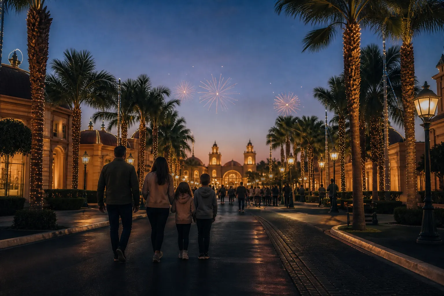 Family walks through an Anaheim entertainment district beneath lights and fireworks.