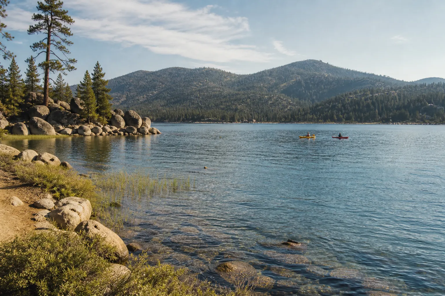 Big Bear Lake in summer with pines, boulders, and distant kayaks.