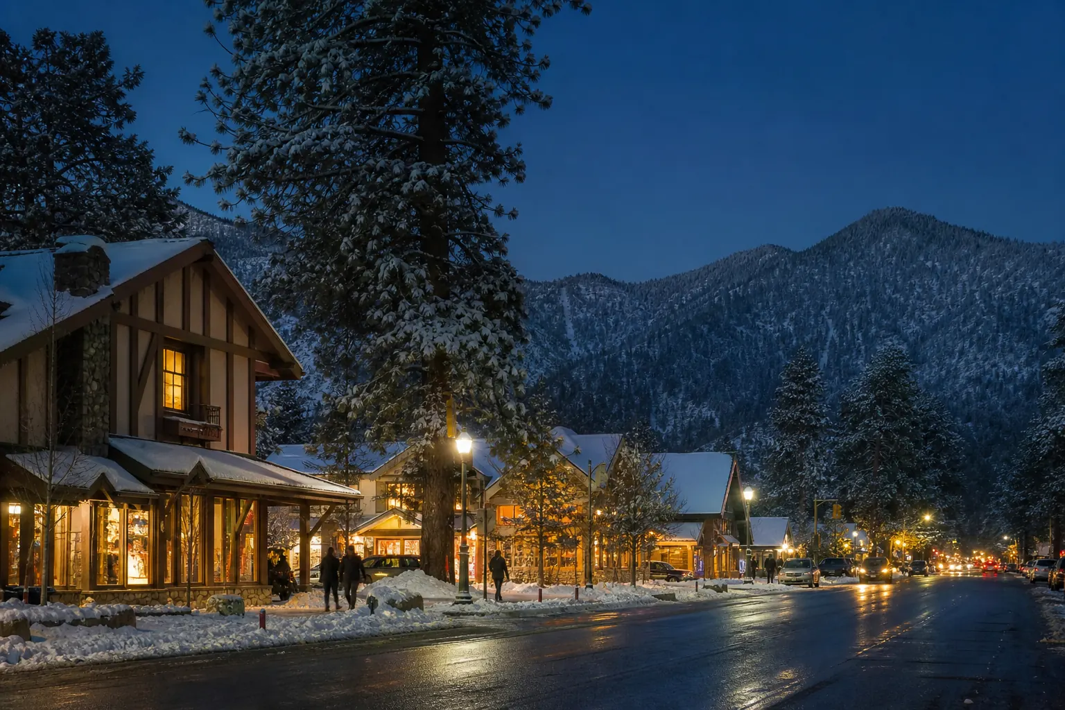 Snow-covered Big Bear village under a deep blue evening sky.