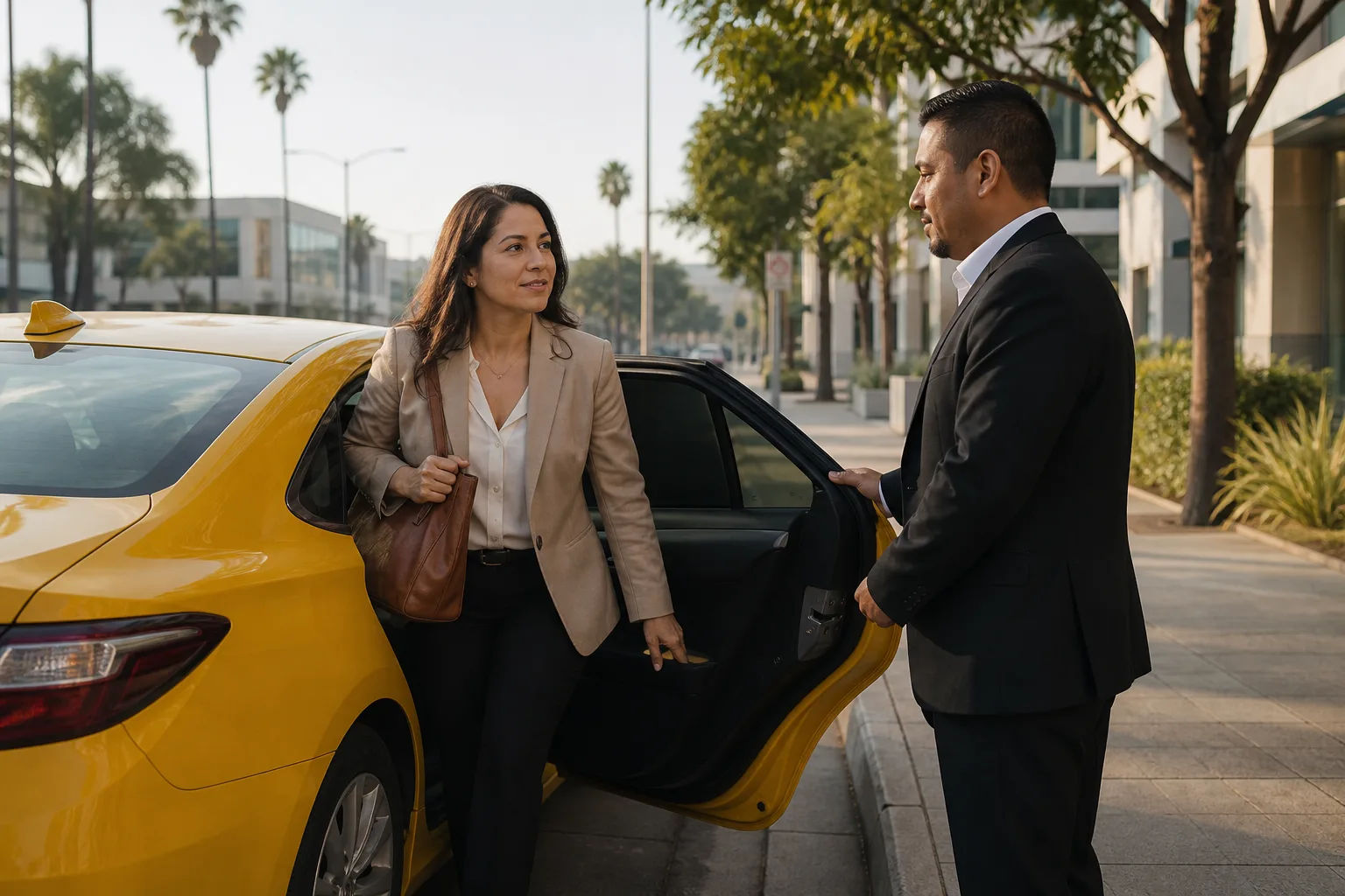Latina professional exits a sedan with help from the driver.