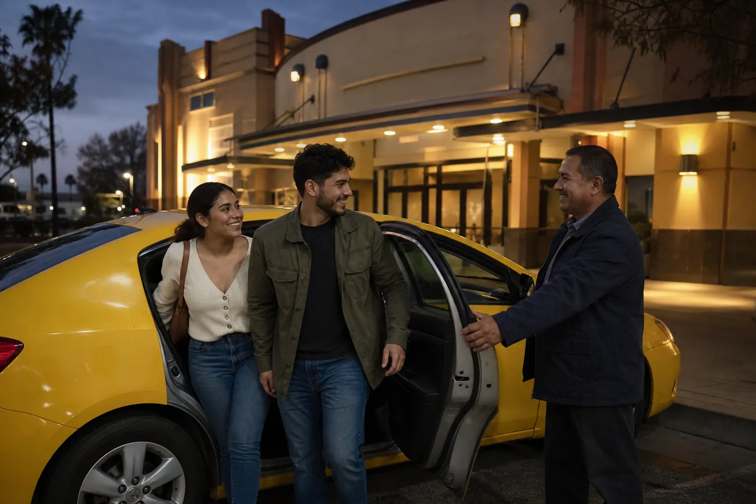 Pareja latina llega en taxi amarillo a un cine local al anochecer.
