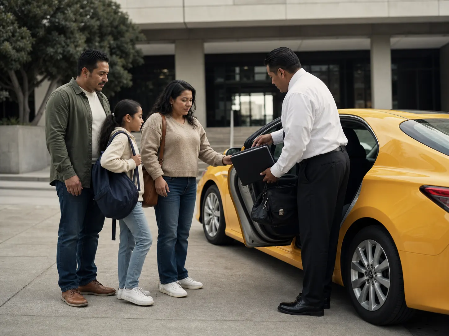 Family receives help from a driver outside a civic building.