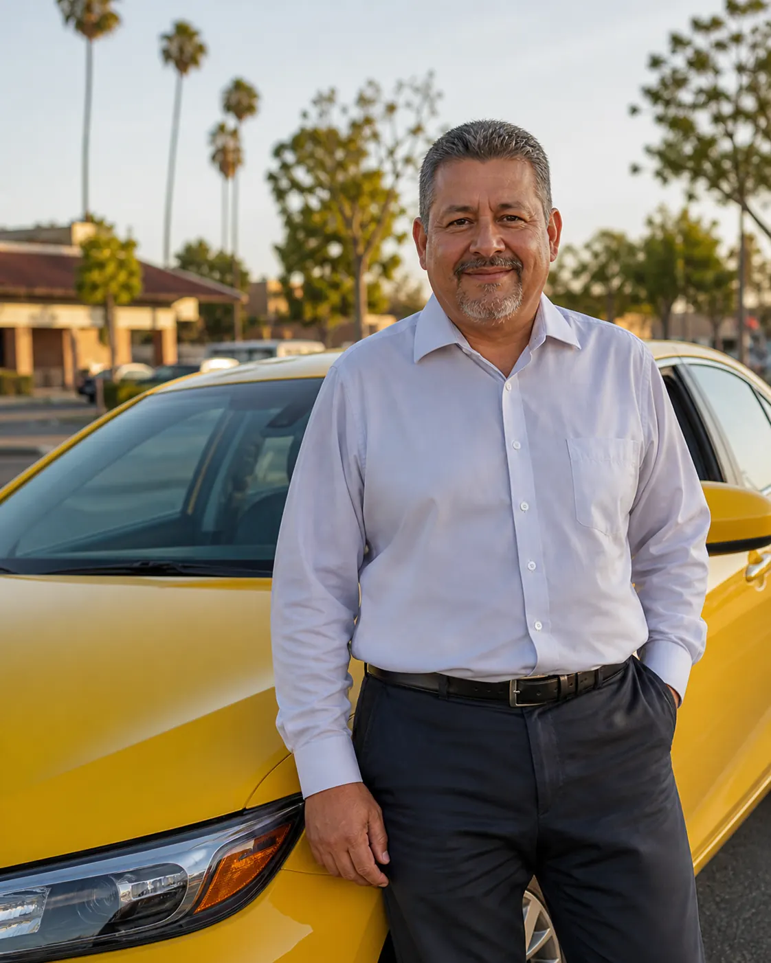 Portrait of a Latino driver beside a yellow sedan.