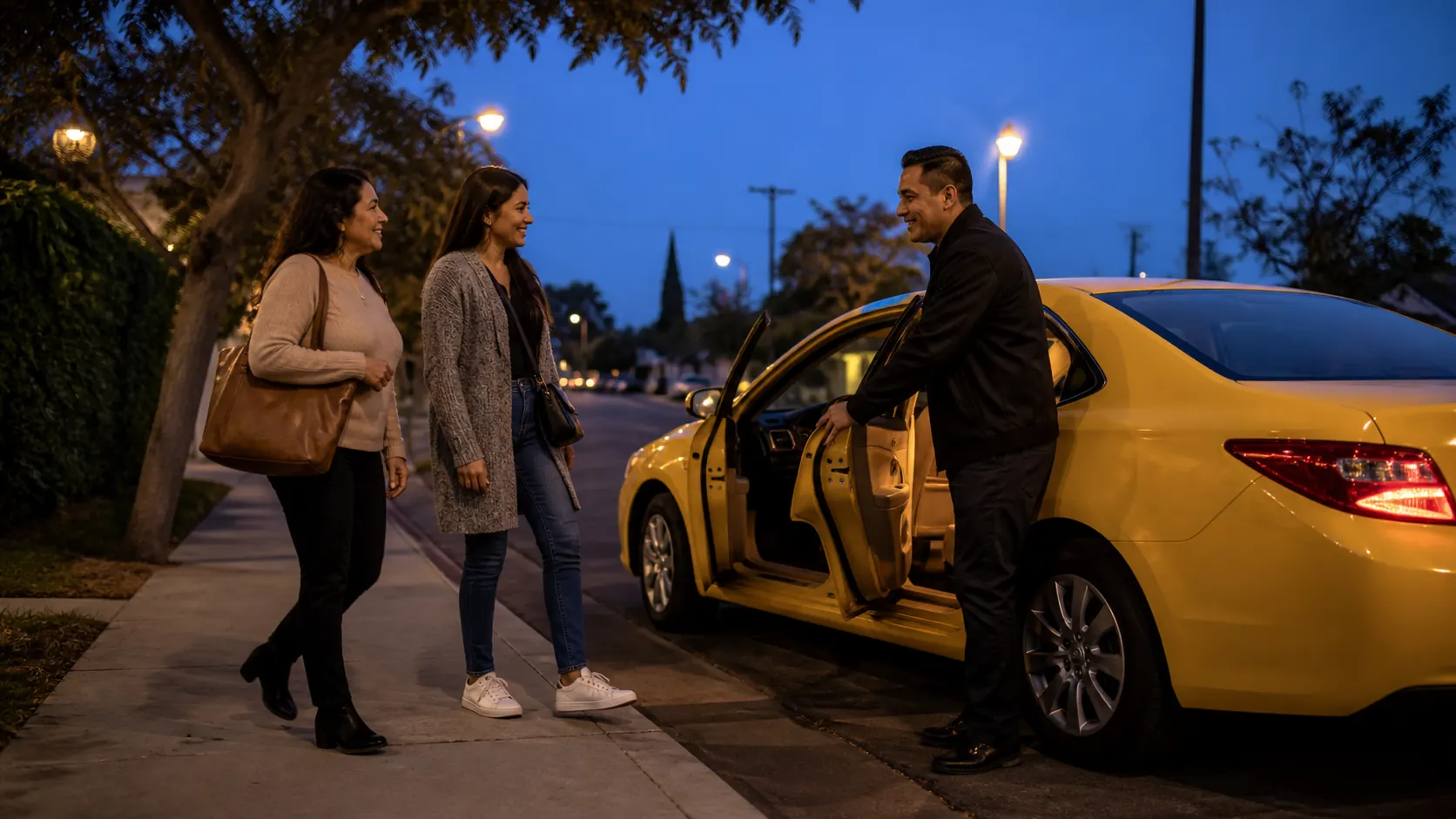 Driver welcomes two passengers beside a yellow taxi at dusk.