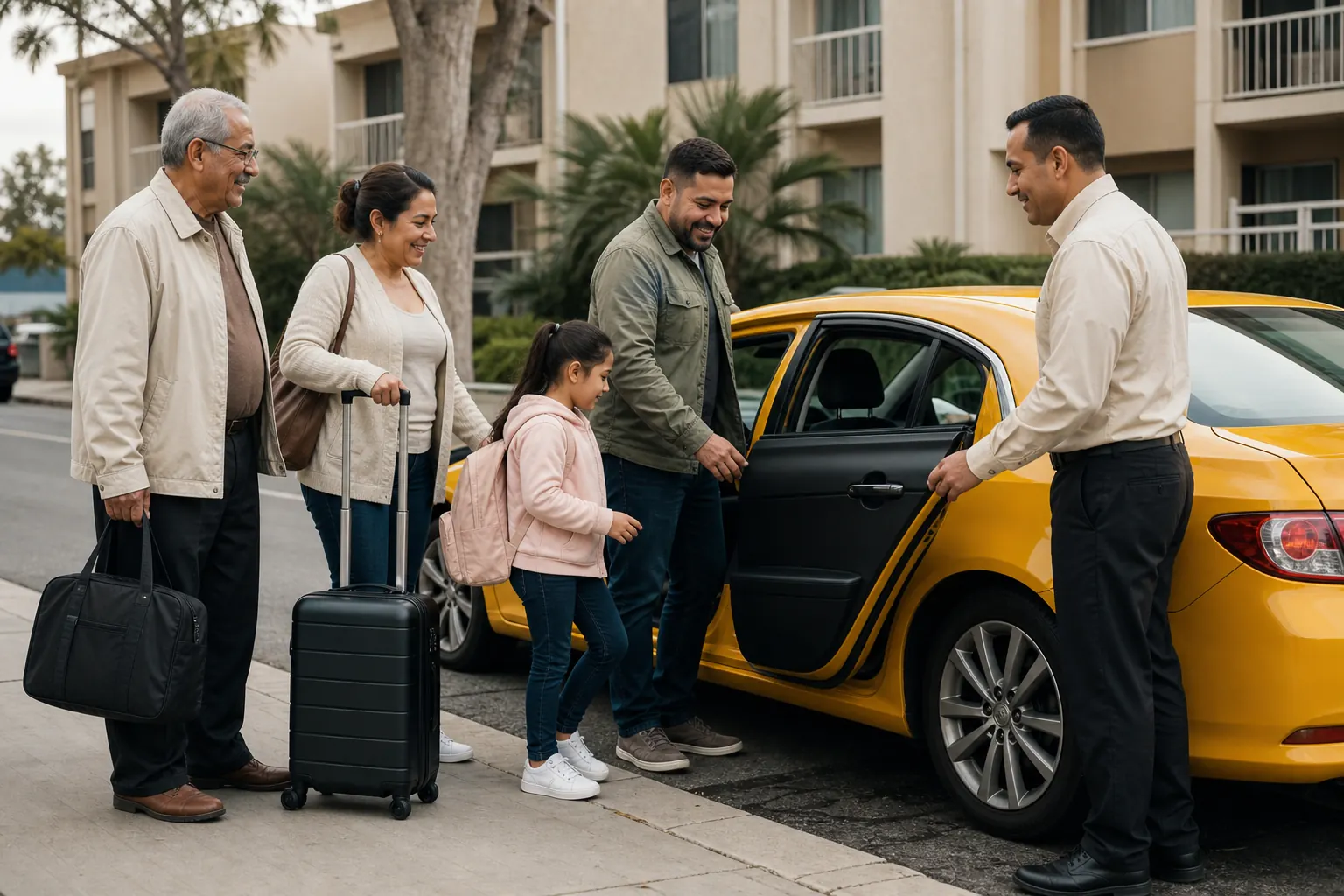 Familia latina aborda un taxi amarillo con equipaje frente a su residencia.