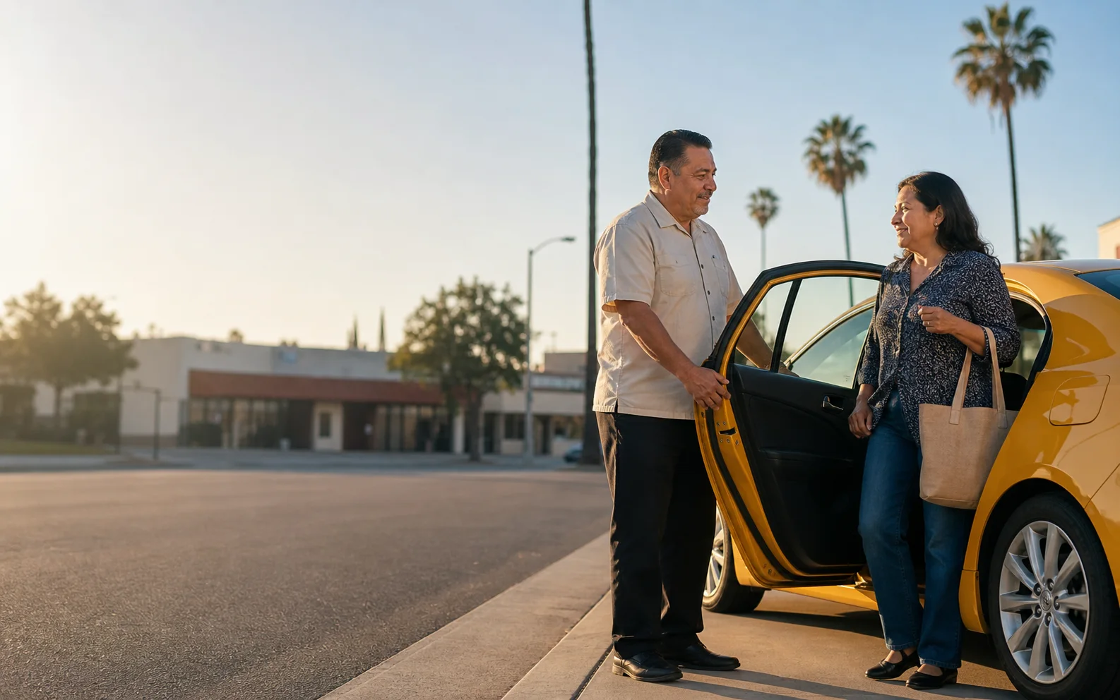 Taxi driver welcomes a passenger beside a yellow sedan in Canoga Park.