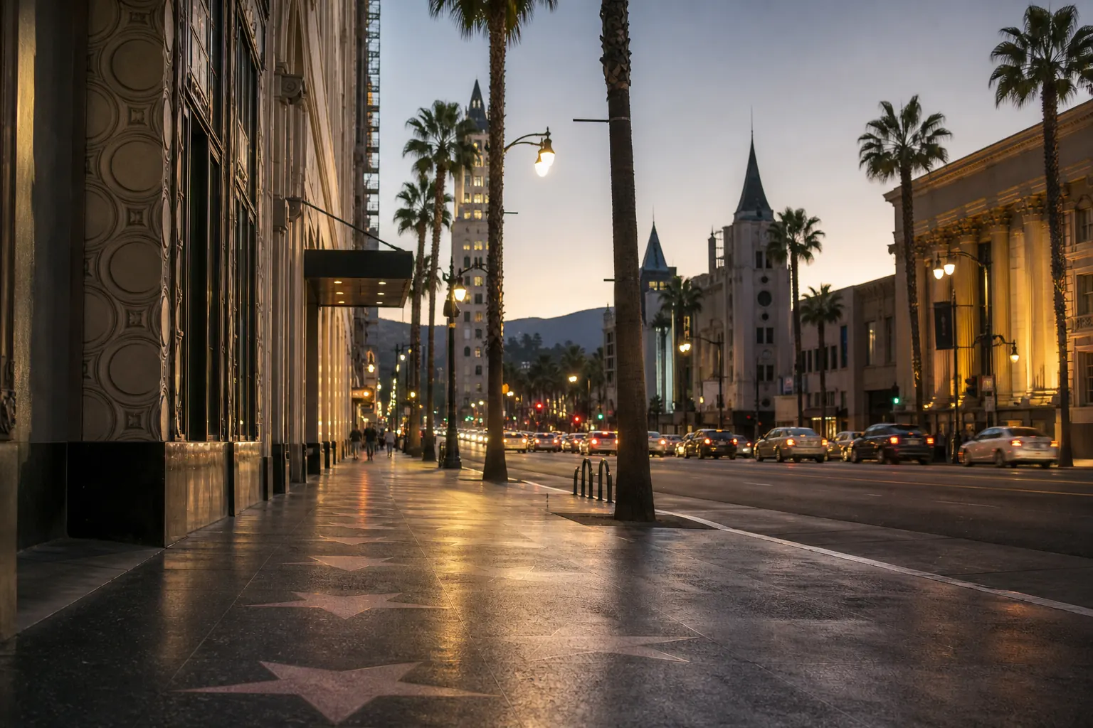 Hollywood Boulevard with palms, historic buildings, and early evening lights.