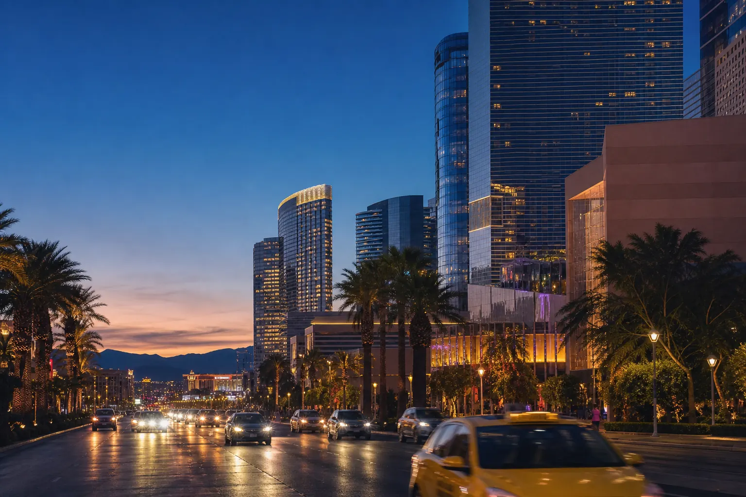 Las Vegas Boulevard with palms, towers, and lights during blue hour.