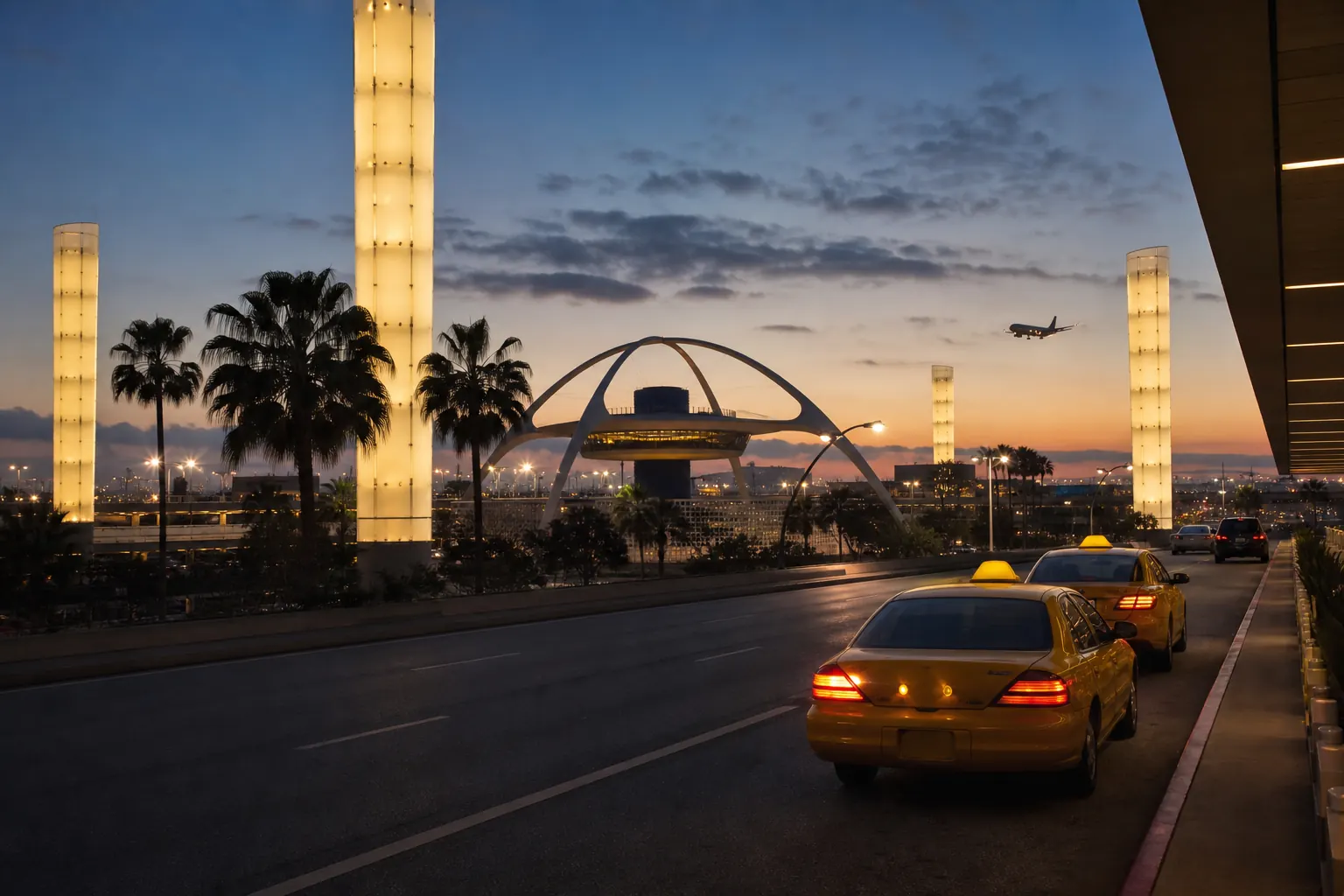 LAX Theme Building and illuminated pylons at sunset.