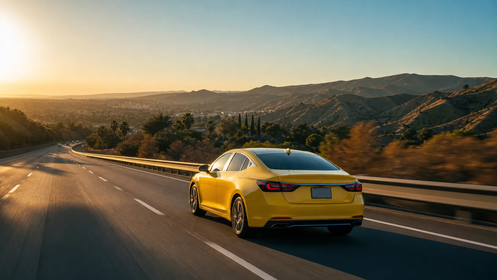 Yellow sedan travels on a California highway at sunset.