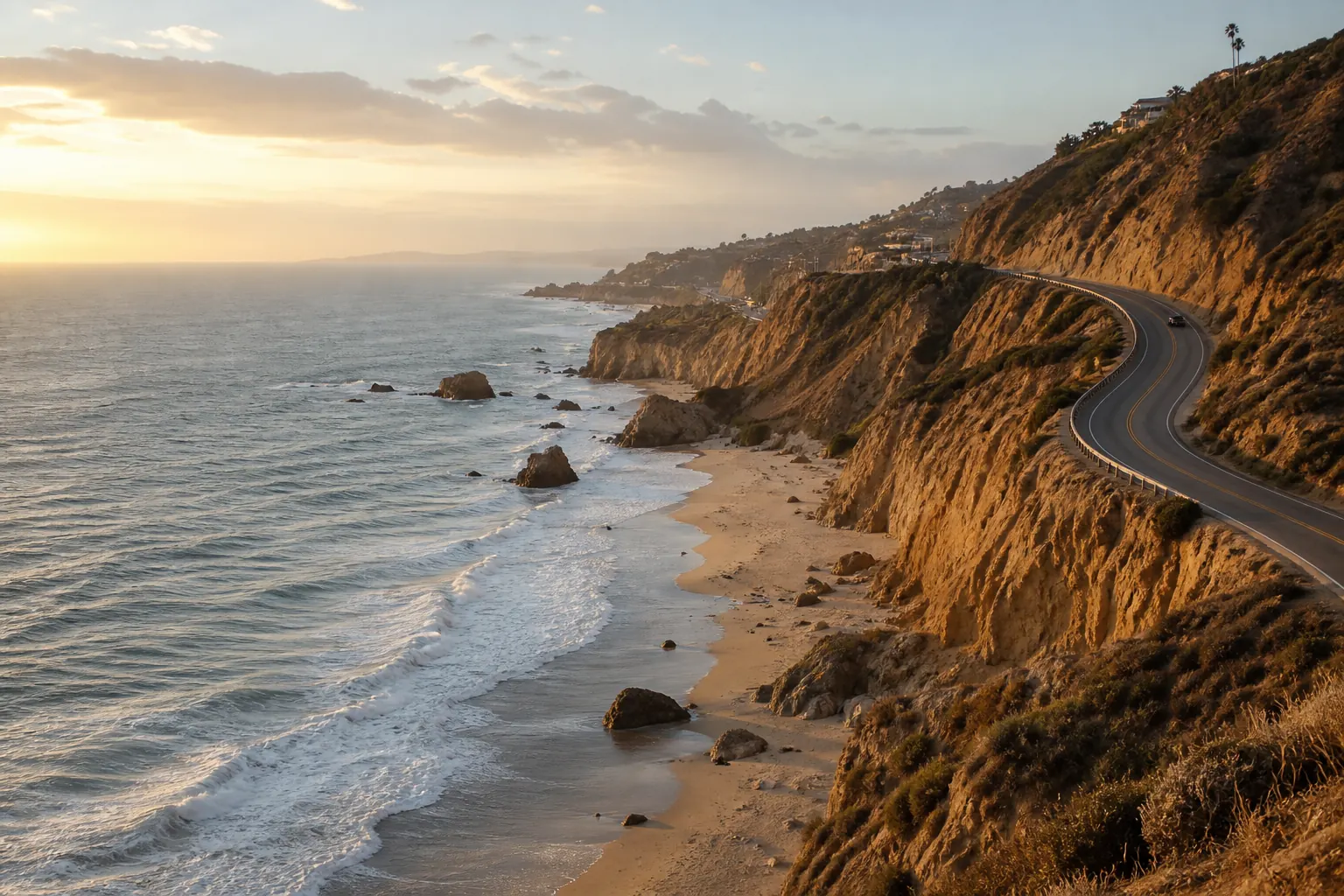 Malibu coast with cliffs, beach, and an oceanfront road.