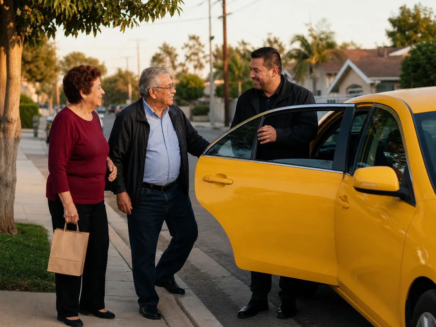 Driver welcomes an older couple beside a yellow taxi.