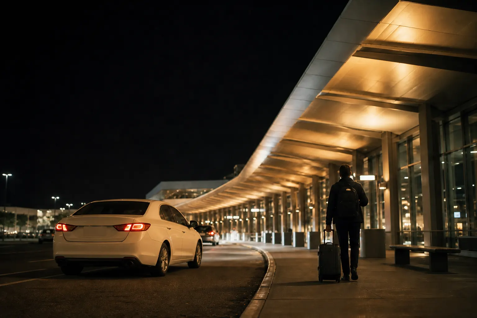 Traveler with luggage and an unbranded sedan at Ontario airport curbside.