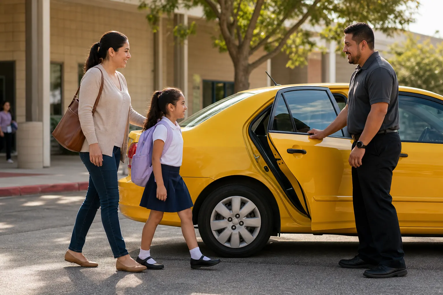 Madre acompaña a su hija hacia un taxi amarillo frente a un colegio.