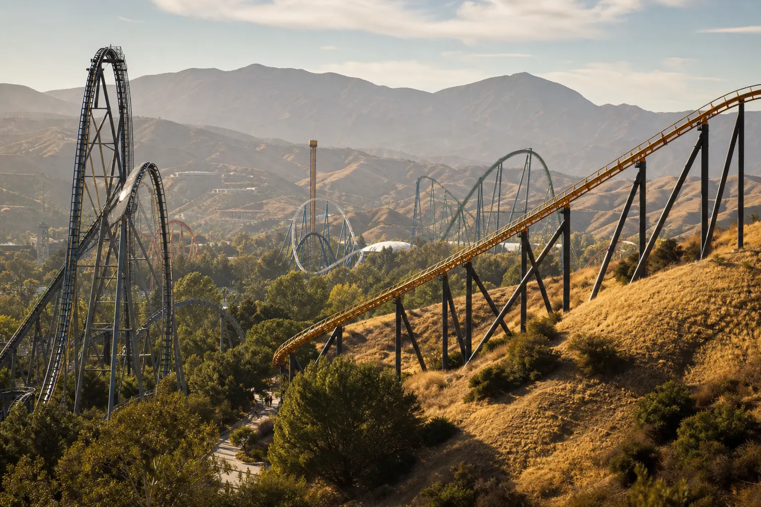 Roller coasters among the golden hills of Valencia, California.